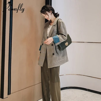 

PEONFLY Fashion Double Breasted Plaid Blazer Female Long Sleeve Office Ladies Blazer 2020 Spring Jacket Women Outerwear Coats