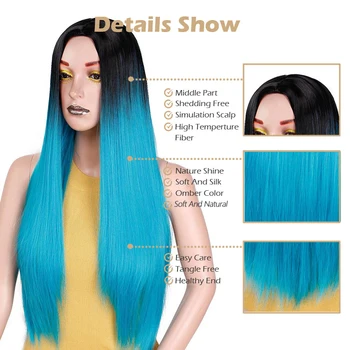 Ombre Blue Green Straight Long Synthetic Wigs For Women Black Pink Wigs 24 inch can be Cosplay Wigs Heat Resistant  I's a wig 3