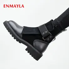 ENMAYLA/ г. Мотоциклетные ботинки с пряжкой на ремешке ботинки из натуральной кожи на высоком каблуке с круглым носком женские ботильоны на квадратном каблуке, размеры 34-40