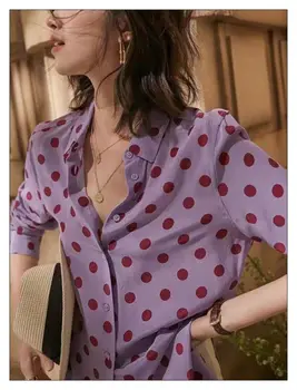 

Women Silk Blouse Polka Dot Printed Long Sleeve Soft Turn Down Collar Sweet Casual Shirt Spring Autumn Blouses Tops