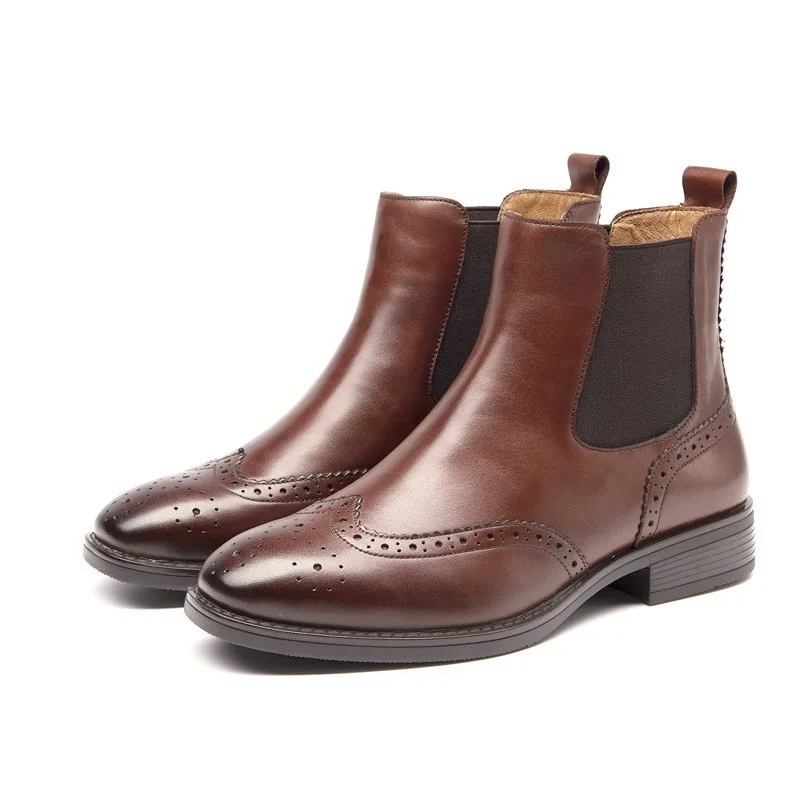

British Women's Chelsea Boots Winter Brogue Martin Boots For Women Square Toe Genuine Leather Woman Ankle Boots Shoes Booties 19