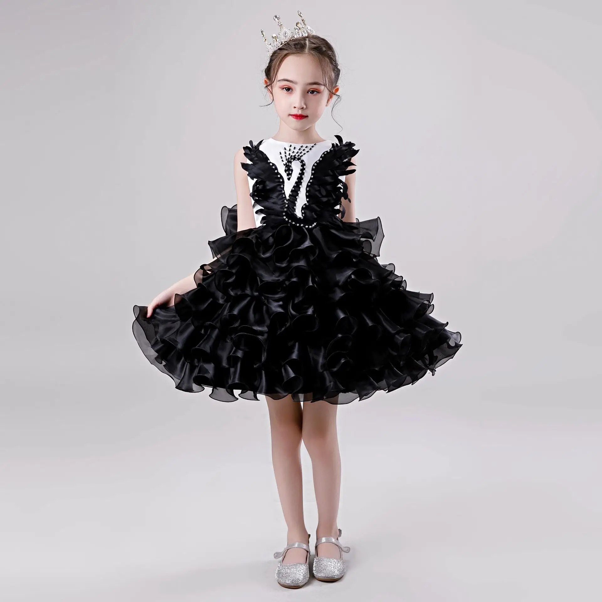 

Adorable Black Performance Show Sundresses Flower Little Girls Layered Puffy Dresses Kids Baby Birthday Wedding Event Costumes