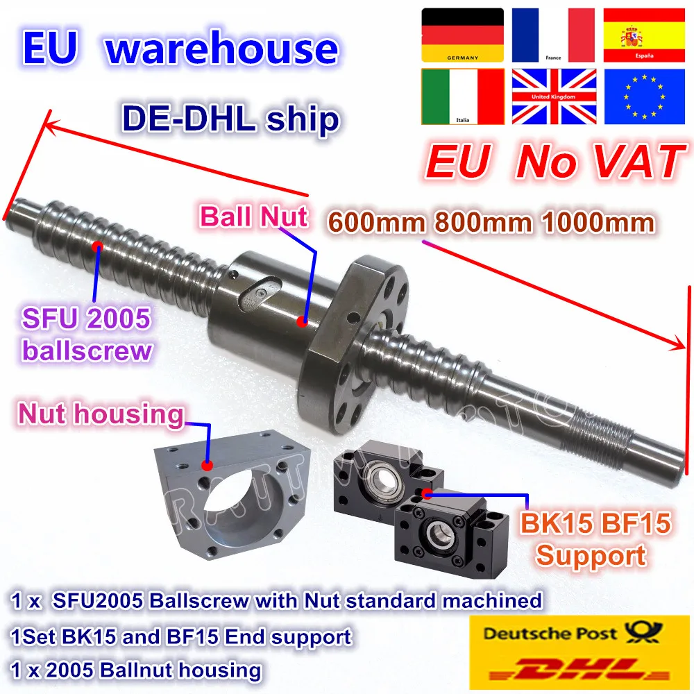 【Ger Ship】RM/SFU2005 1000mm C7 Ballscrew Spindle Kit+Nut+BK/BF 15 for CNC Router 