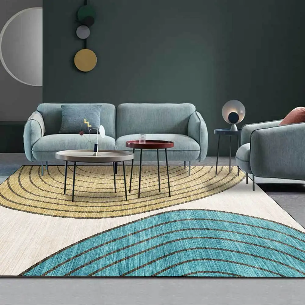 

Fashion modern Nordic simple blue yellow stripe curved geometry living room bedroom bedside carpet mat customization