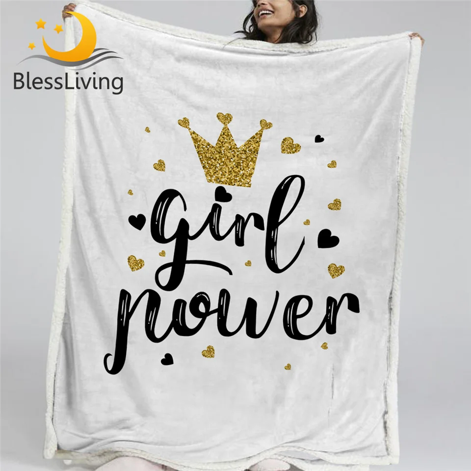 

BlessLiving Golden Crown Sherpa Blanket Letter Print Furry Blanket Heart Shape Girls Plush Bedspreads Glitter Stylish Bedding