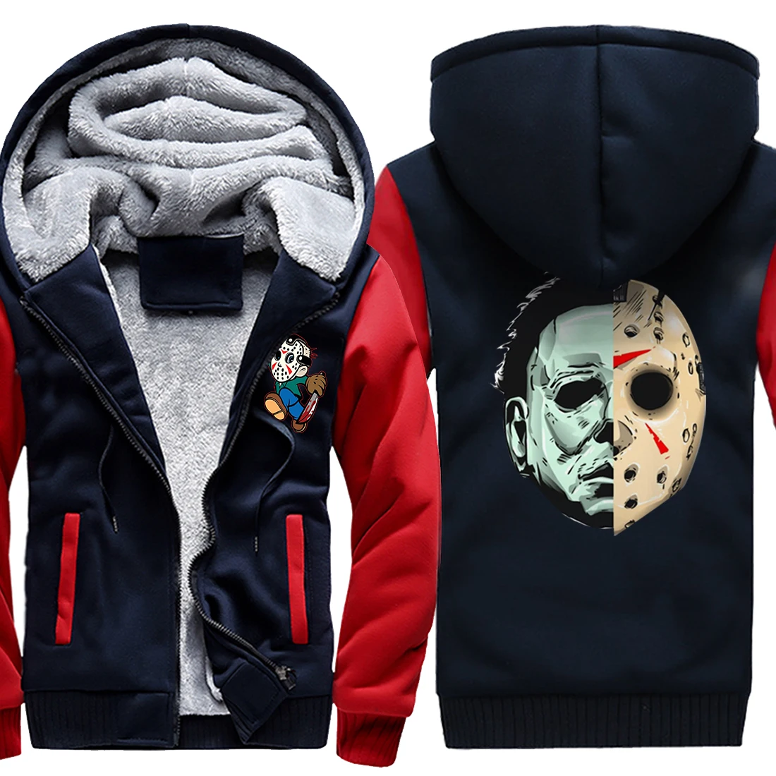 

Jason Voorhees Horror Movie Print Jacket Man Zipper Pockets Coats Winter Fleece Thick Tracksuits Hooded Male Keep Warm Clothing