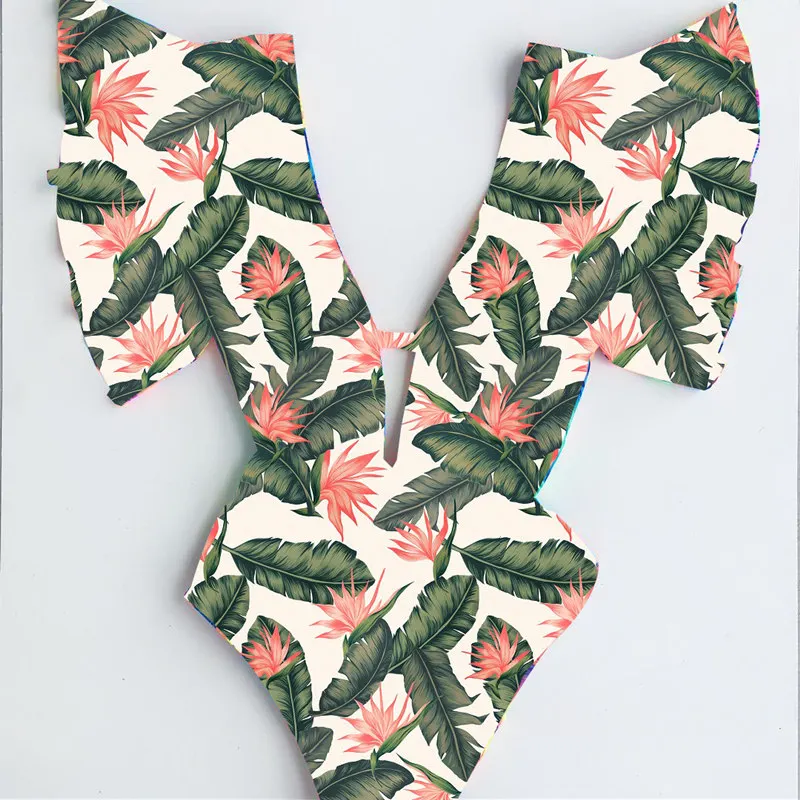 Сексуальный цельный купальник с глубоким v-образным вырезом, женский купальник с тропическим цветочным принтом, монокини с цветочным принтом, боди с оборками, купальный костюм - Цвет: ES19196W1