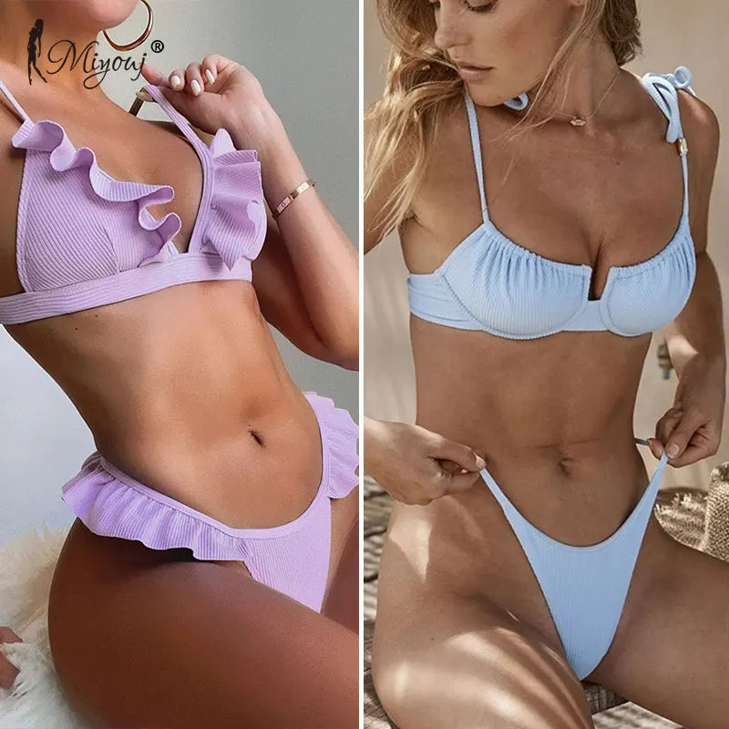 Miyouj-Bikinis de dos piezas para mujer, traje de baño Sexy con lado de volantes, Tanga de playa, bañador de Color sólido con cuello de pico, conjunto de Bikini 2021