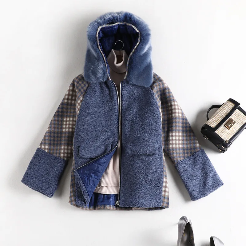 MEVGOHOT Woman Patchwork Stripe Plaid Plush Hooded Jackets Plus Size Winter Warm Lambwool Twill Fashion Coat Female HD3456