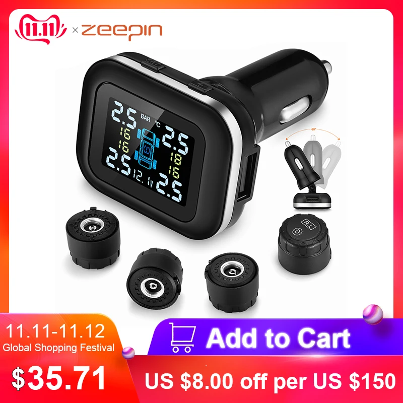 

ZEEPIN C110 Tire Pressure Monitoring System Cigarette Lighter Plug TPMS Angle-adjustable 4 External Sensors Tyre Pressure Alarm