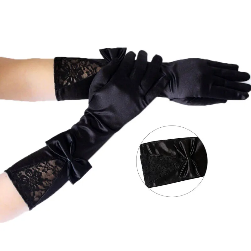 Women Sexy White Black Lace Patchwork Satin Gloves With Bowknot Clubwear Party Dance Performance Gloves Accessories