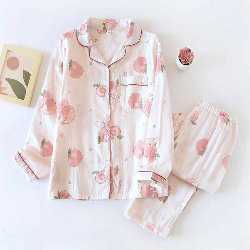 Spring And Summer Cute Pajamas For Women Gauze Long Sleeve Trouser Home Service Female Soft And