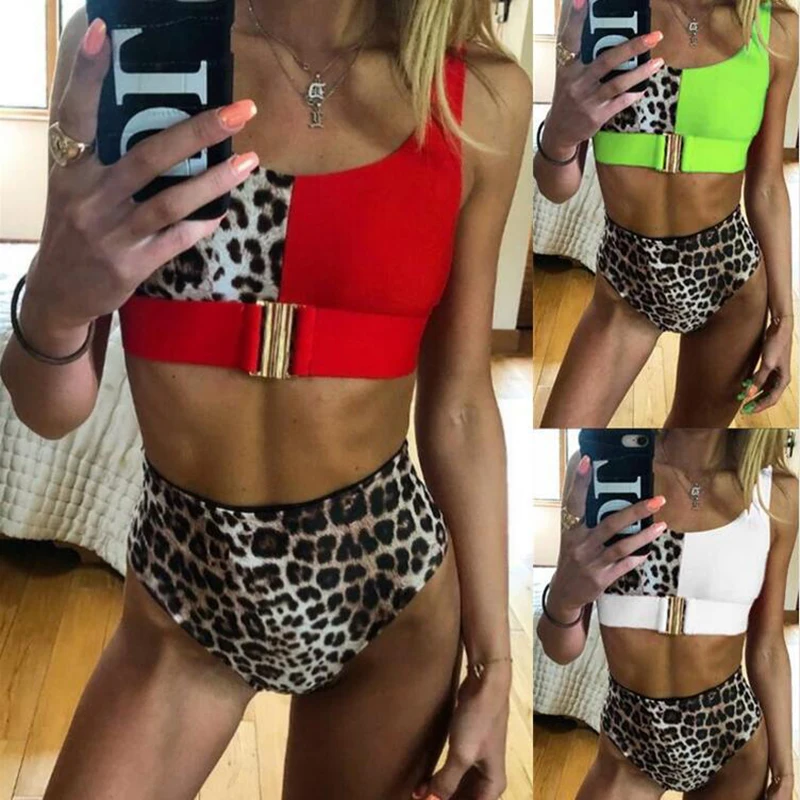 

Sexy Hot Two Piece Swimsuit Women High Waist Bathing Suit Leopard Printed Patchwork Girls Swimwear 2019 Plus Size Bikini Sets
