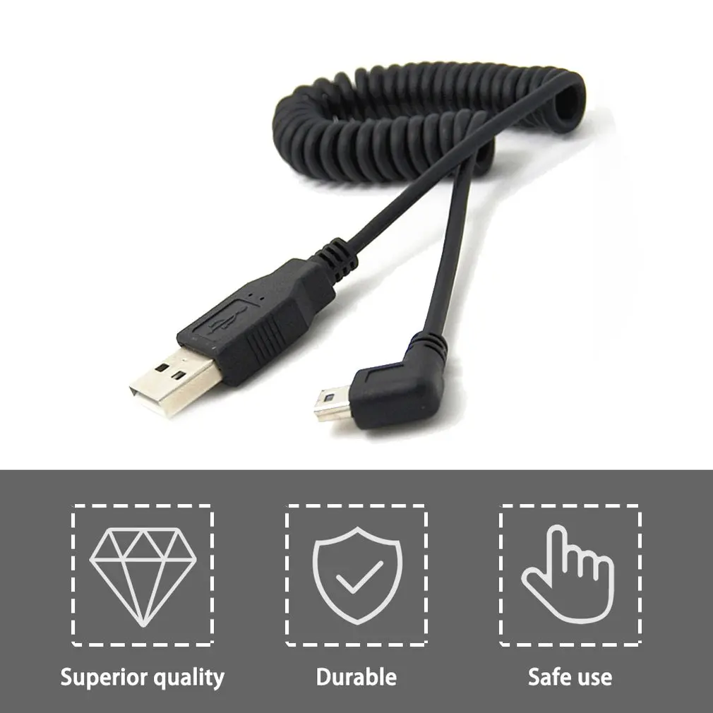 1pc USB 2.0 A Male to Mini USB 5 Pin Right Angled 90 Degree Spiral Coiled Adapter Cord Cable 5ft for MP3 Players Digital Cameras