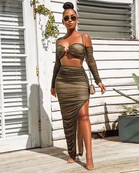 

2019 Summer Women Two Piece Dress Vestidos Fashion Elegant Female Sexy Strapless Long Sleeve Mesh Bodycon Party Dress