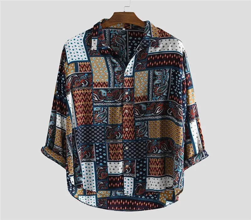 Синий Стильная мужская рубашка Hauts pour hommes из чистого хлопка с разноцветным принтом, свободная рубашка с отложным воротником и коротким рукавом, Ropa de hombre camisa - Цвет: Синий