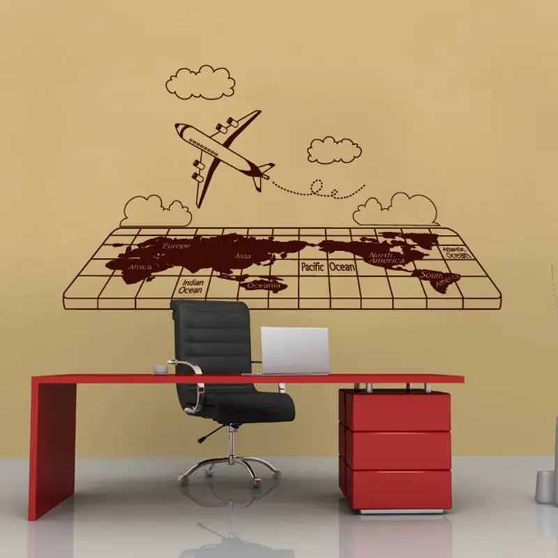 DCTAL World Map Wall Stickers Large Travel Trip Coffee Shop Pattern Airplane Map Wall Decal Vinyl Decals World Map Poster