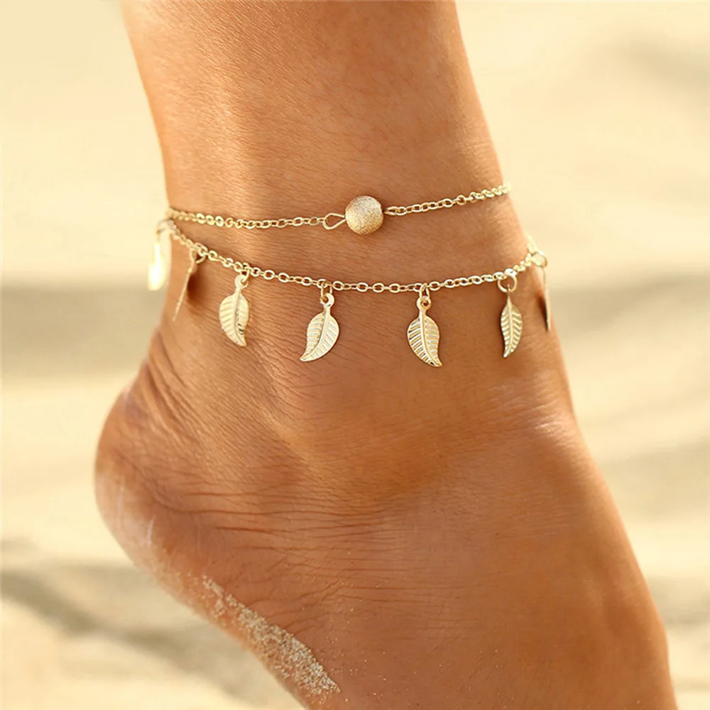 JUJIE Vintage Beach Foot Anklet For Women Bohemian Female Anklets Summer Leaf Pendant leg Bracelet Jewelry JUJIE Vintage Beach Foot Anklet For Women Bohemian Female Anklets Summer Leaf Pendant leg Bracelet Jewelry