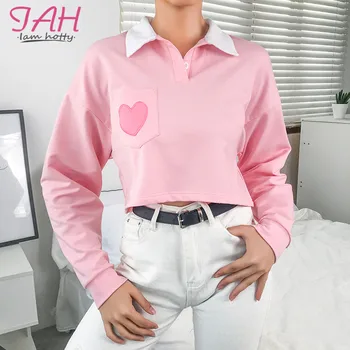 

IAMHOTTY Heart Embroidery Kawayii Hoody Ladies Pink Sweet Long Sleeve Women Sweatshirt Korean Style Lovely Crop Top Sweatshirt