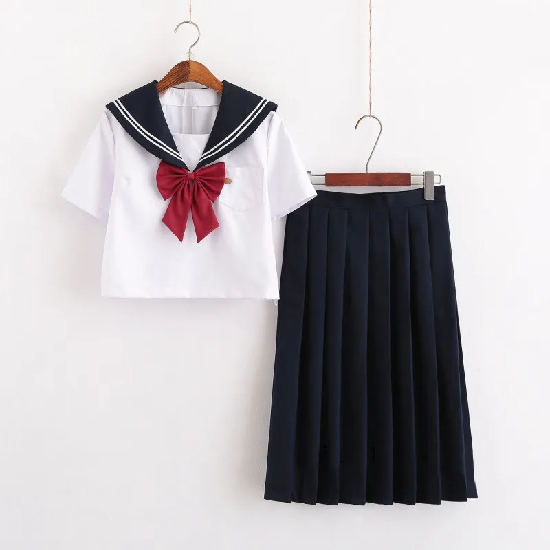 Short Sleeve Set UPHYD зимний костюм моряка школьная форма для студентов для подростков Косплей JK японский Seifuku белая рубашка+ длинная юбка+ бант - Цвет: Short Sleeve Set