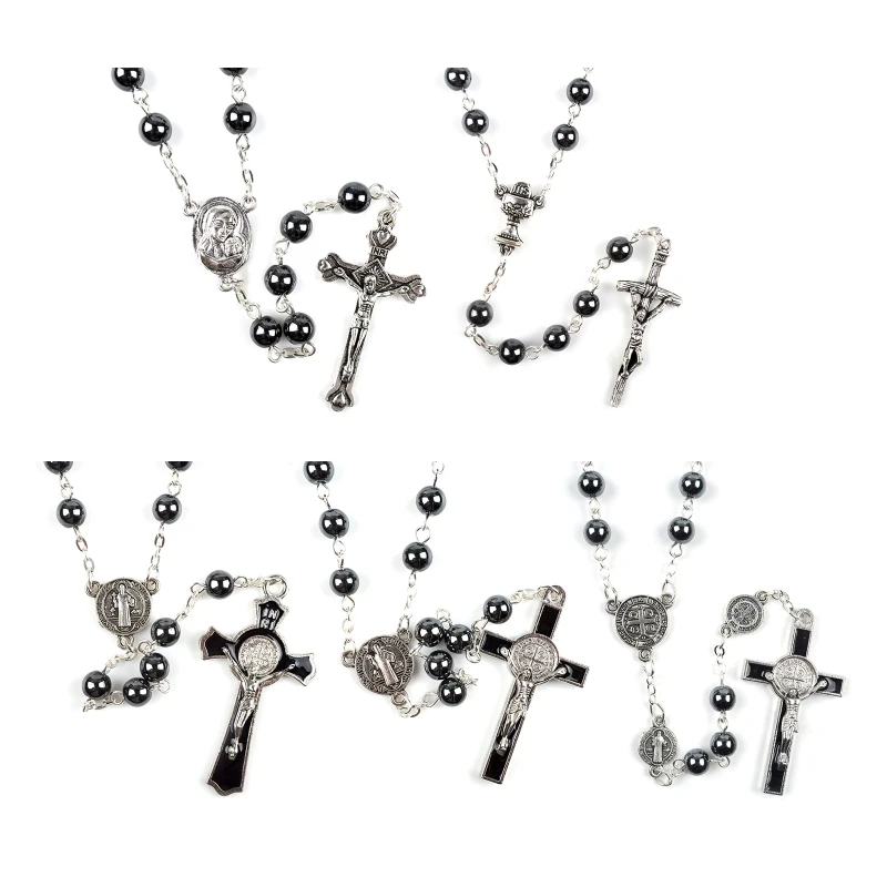 Fashion Handmade Round Bead Catholic Rosary Necklace Jesus Cross Religious Pendant Necklaces