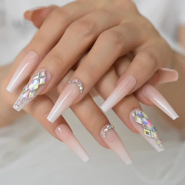 Uñas postizas de diseño de lujo, joyería francesa Extra larga, diseño  prediseñado, Stiletto Natural, piedras AB, puntas de decoración -  AliExpress Belleza y salud