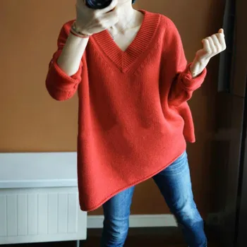 

Autumn and winter new large size V-neck cashmere sweater ladies sweater loose thick pullover sweater irregular knitting