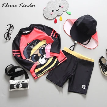 

Children's Bathing Suit 3 Pieces Long Sleeve Girls Swimwear Cartoon Print Child Bath Clothes Rashguard Swimming Trunks Cap Set