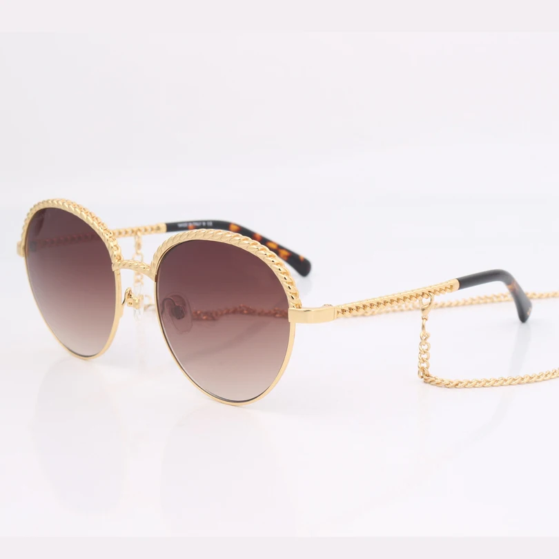 

High quality gold frame brown gradient lens fashion sunglasses women with necklace