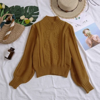 

Women's Turtleneck Knitted Sweater Hand-made Three-dimensional Crochet Lantern Sleeve Vintage Ladies Short Knitwear Pullover To