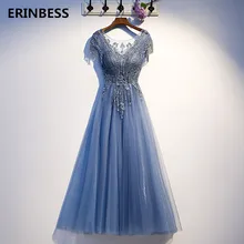 Robe De Soiree длинное платье для выпускного вечера es модные вечерние платья Формальные Вечерние платья с коротким рукавом вечернее платье А-силуэта голубое платье для выпускного вечера