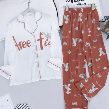 

Fiklyc Spring New Long-Sleeved Pajamas Women Ice Silk Thin Section Lapel Home Service Printing Casual Loose Suit