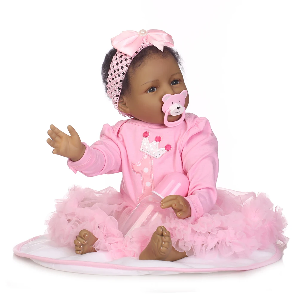 

22 Inch 55cm NPK Doll Cute Realistic Reborn Balck Baby Doll Head Lifelike Silicone Newborn Baby Pink Clothes Dress Doll Kids