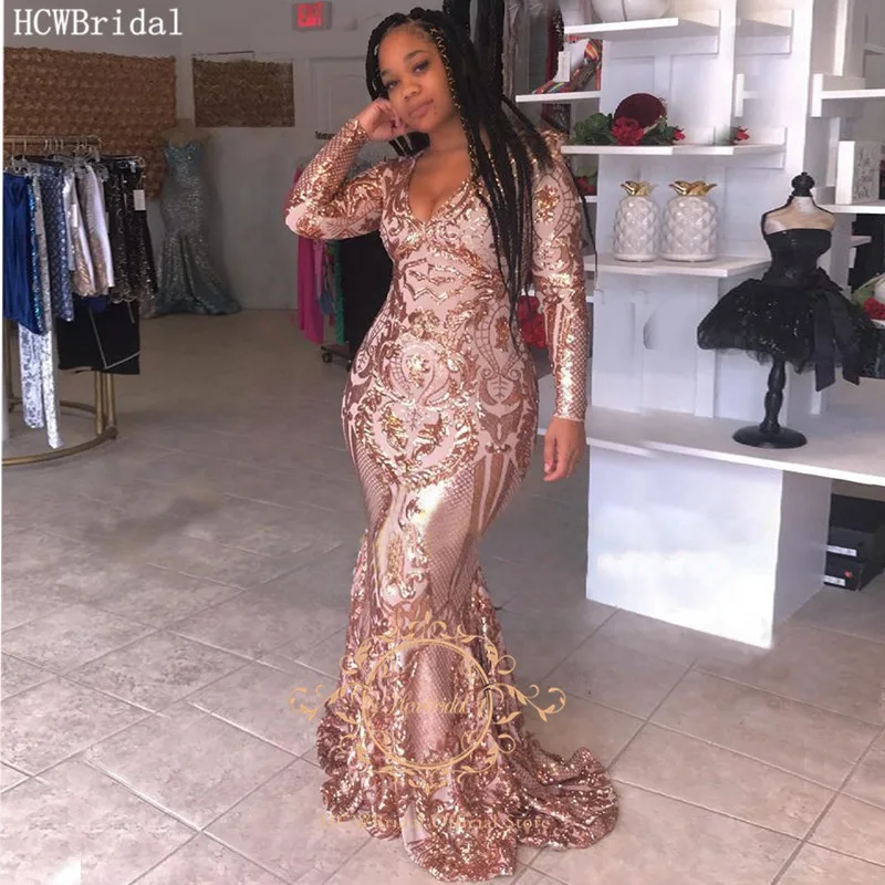 Rose Gold Sequin Long Evening Dresses V 