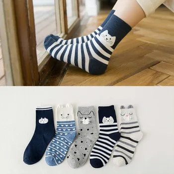 

RANMO 1 packs 5 pairs of new winter female socks Japan and South Korea pure cotton breathable cartoon stereo ear casual socks