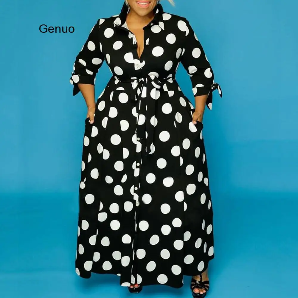 

Autumn Dot Print Button Up Plus Size XL-5XL Women Blousers Maxi Dress Vestidos Streetwear Long Dresses Vestidos