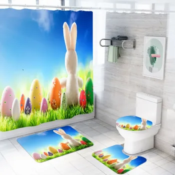 

Easter Rabbit Shower Curtain Decor Shower Curtain Toilet Lid Cover Bath Rug Carpet 3/4 Piece Bathroom Set Bath Mat Polyester
