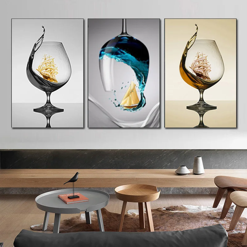 

Canvas Painting Modern Romantic Wine Glass with Sailboat Abstract Art Wall Picture for Gallery Dining Room Bar Home Decor Poster