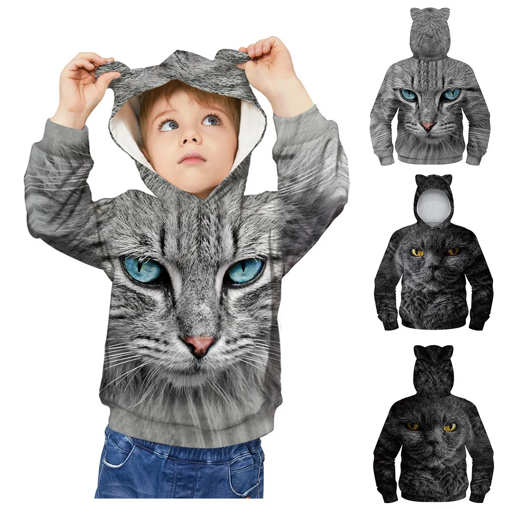 Свитер для мальчиков-подростков; Детский свитер с объемным принтом кота и ушек; одежда с животными; Детский Зимний пуловер для мальчиков; толстовки с карманами;