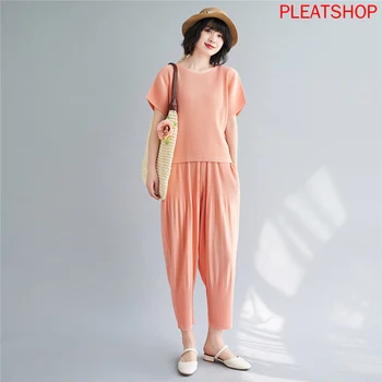

MIYAKE Pleated 2020 New Summer Fashion Large Size Suit European Slimming Two-Piece Women Two Piece Set Pleats Dresy Damskie