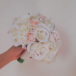 Cream Ivory Roses Round 12inch Bouquet Luxurious Pearls Pink Wedding Flowers Silk Hydrangea fleur mariage все для свадьбы