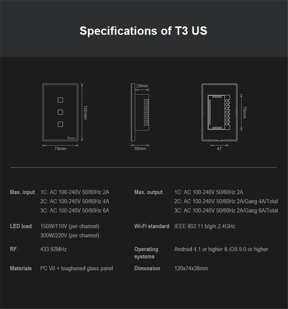 Itead Sonoff T3 US 1 2 3 gang Smart Wall Light Switch with Border,Touch RF433 wifi Control,Works With Alexa Google Home,120 Size-10