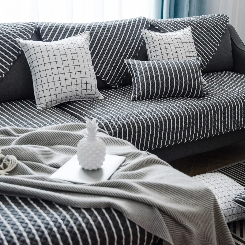 Sectional Sofa Towel L Shaped Quilted Sofa Cover Modern Minimalist White Black Plaid Stripe Sofa Slipcovers Cotton Tatami Mat