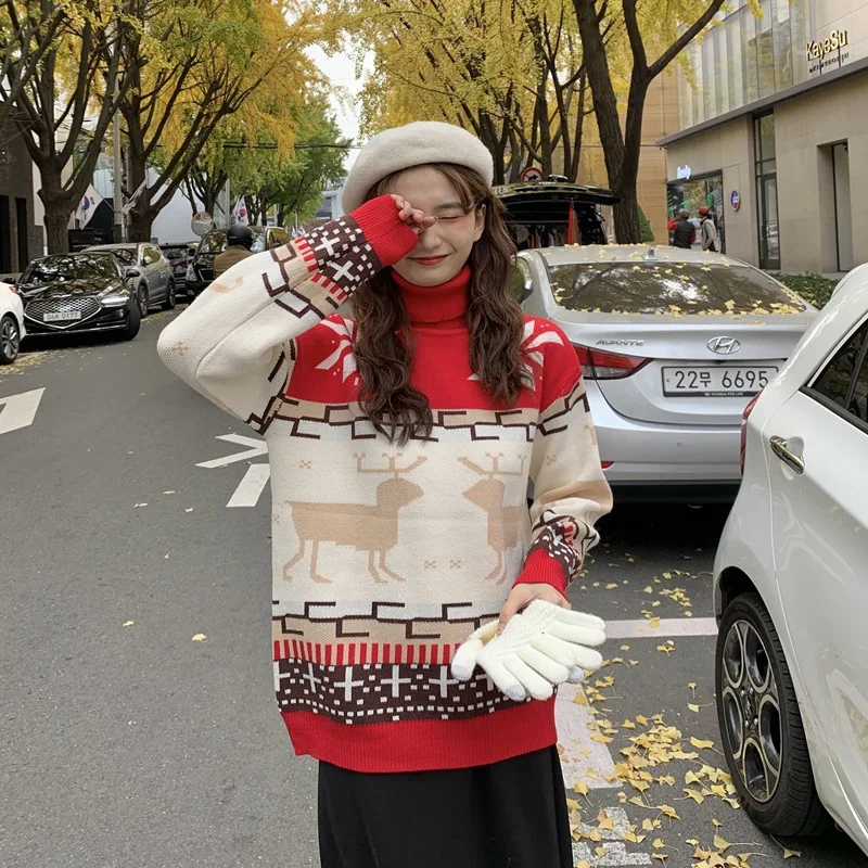 

Winter 2019 New Style Christmas High Collar Sweater Women's Snowflake Elk Loose-Fit Slimming Underwear Sweater