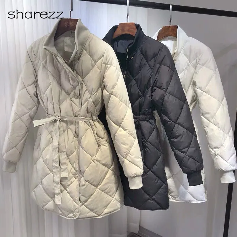 

Winter Jacket Women Ultra Light White Duck Down Parkas Female Turtleneck Collar with Belt Slim Long Jacket Female Long Snow Coat