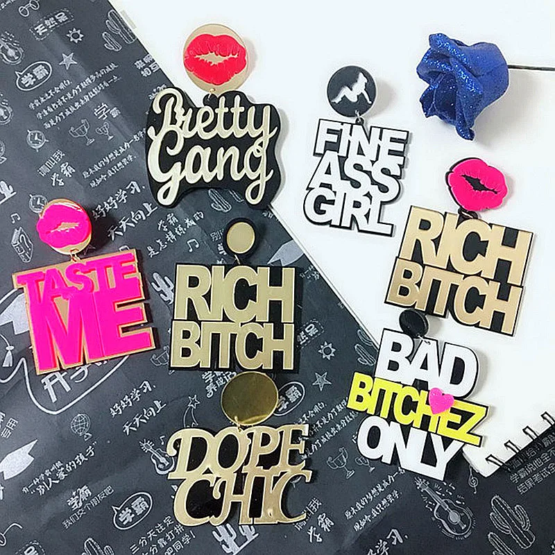 New-Trendy-Acrylic-Gold-RICH-BITCH-Letter-Big-Earrings-For-Women-Pendant-Hip-Hop-Sexy-Red (6)