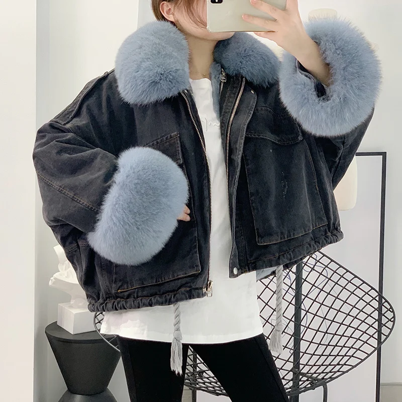 

2019 winter jakcet women parka real fox fur collar Rex Rabbit Fur liner denim jacket plus size short coat vintage korean fashion