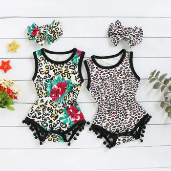 

Newborn Baby Girl Clothes Rompers Clothes Sleeveless Round Neck Tassel Leopard Romper+Headband Outfits