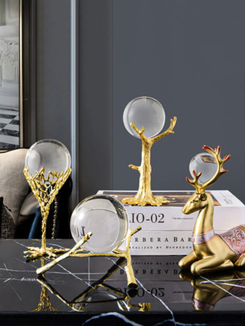 Nordic Crystal Ball Leaves Tree Ornaments, Golden Iron Crafts, Creative Home Decor, Cabinet Porch Desktop Decoration
