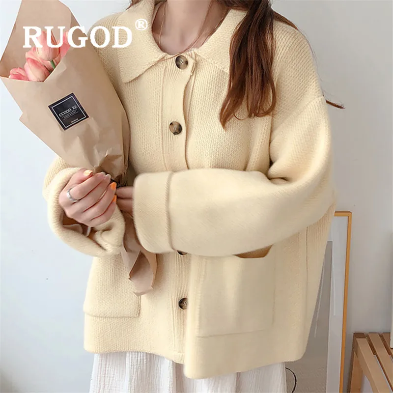 

RUGOD 2019 New winter solid warm sweater coat women turn down collar loose plus size knit cardigan vintage preppy style chic